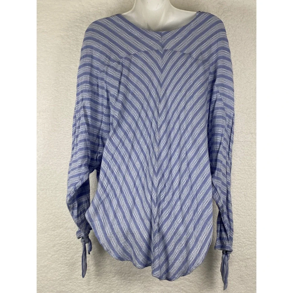 Free People Women's L Blue White‎ Striped V-Neck Blouse Tie Sleeve Pocket